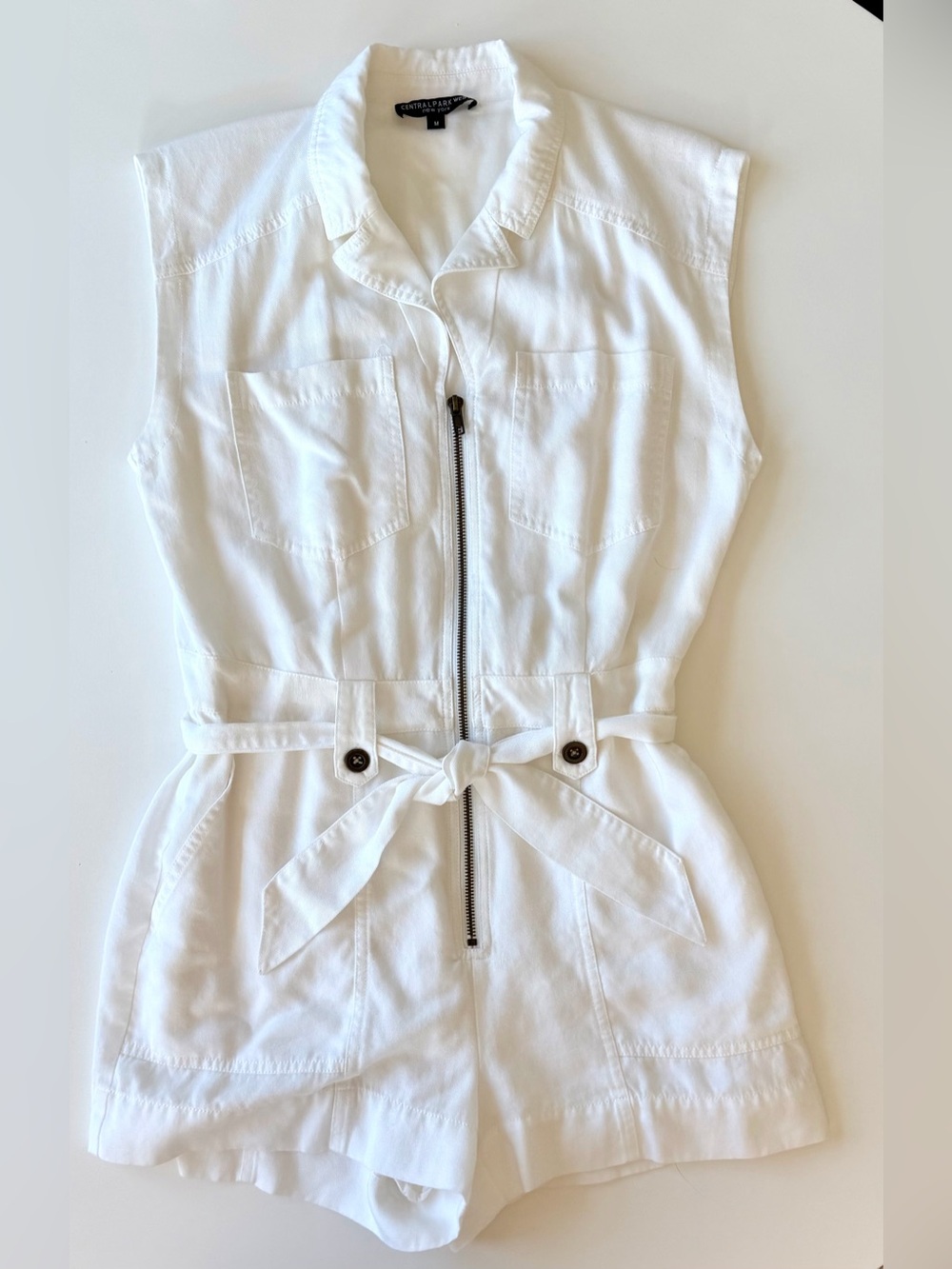 Central Park West White Sleeveless Zip-Front Belted Romper